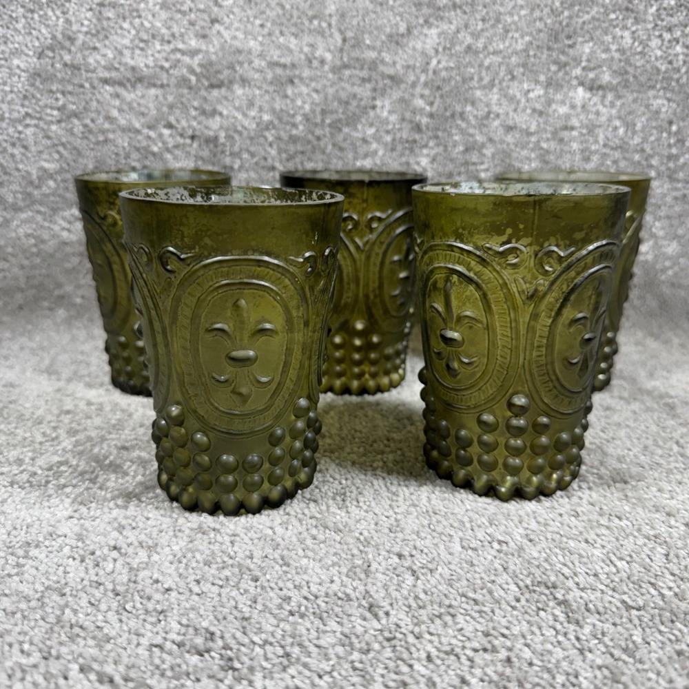 Mercury Glass Fleur De Lis Votive Candle Holders Green Set of 5